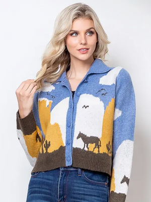 Western Desert Horse Knit Cardigan - Light Blue
