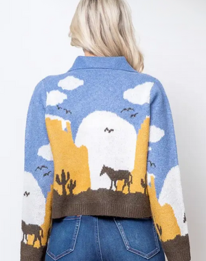 Western Desert Horse Knit Cardigan - Light Blue
