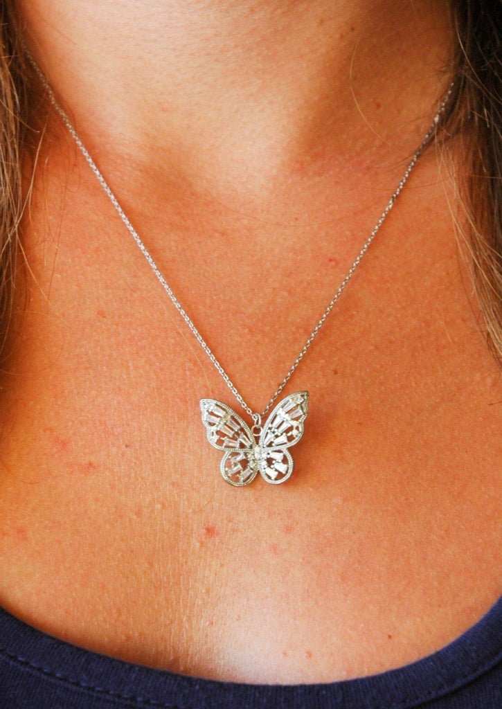 Silver Butterfly Necklace With Crystals