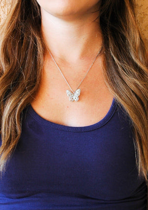 Silver Butterfly Necklace With Crystals