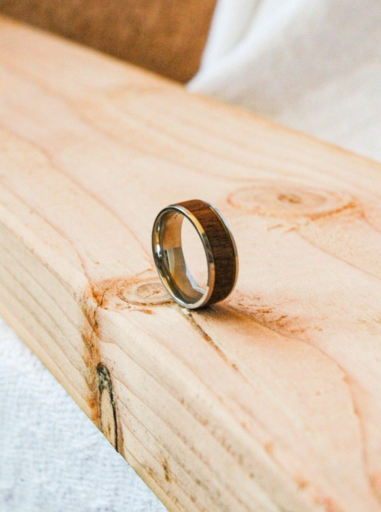 Men's Koa Wood and Stainless Steal Ring - Thick Band